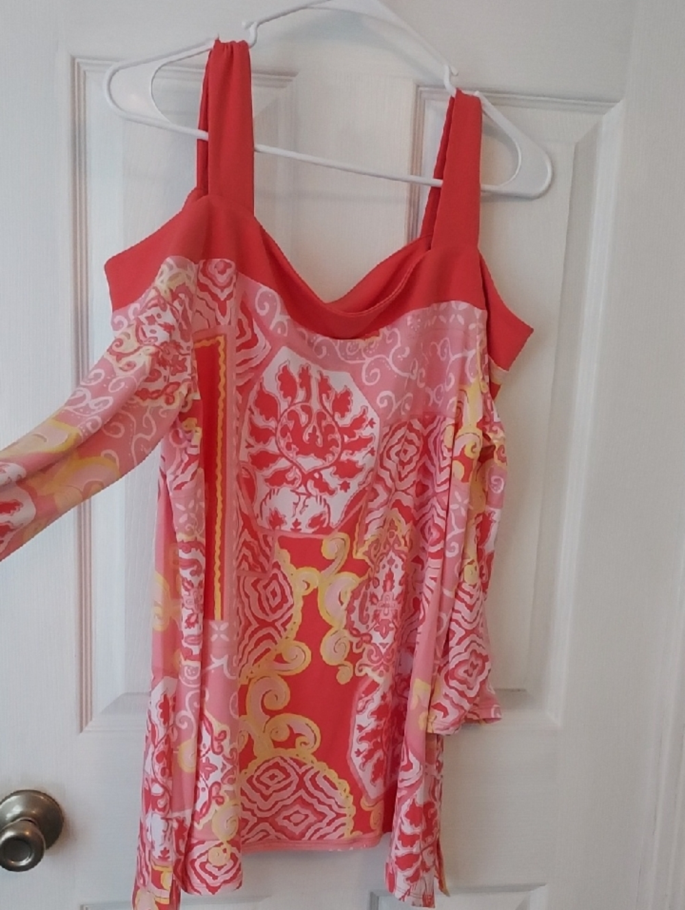 JM Collection Coral Pink Yellow Printed Cold-Shoulder Top